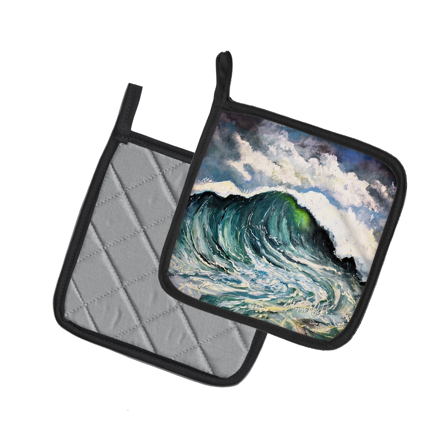 Big Blue Wave Pot Holder Set of 2 Heat Resistant Quilted Hot Pads 7.5 x 7.5 Inch, Insulated Kitchen Trivets for Cooking & Baking