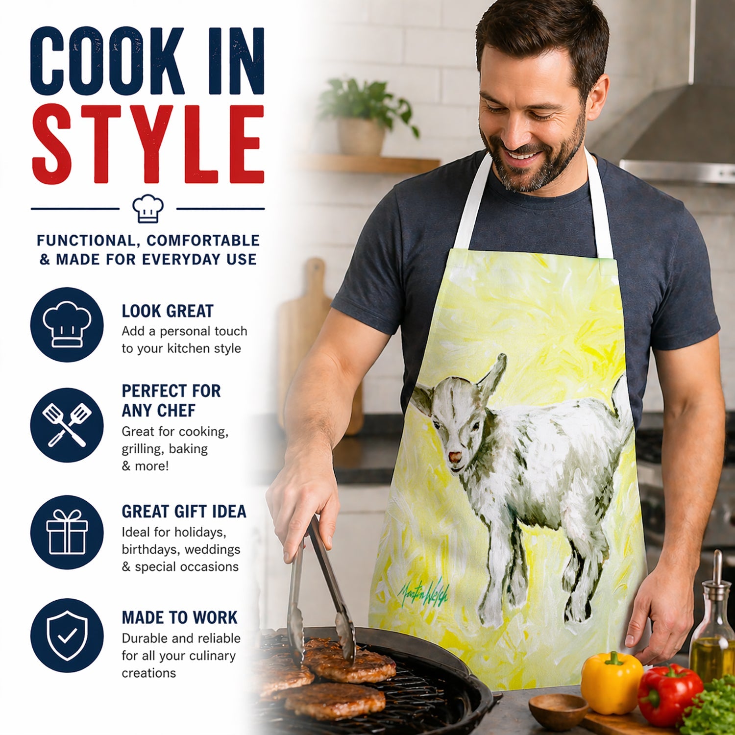 Billy The Kid Goat Apron Cooking Kitchen Server Baking Crafts Gardening for Adult Women Men, Unisex, Large, Multicolor