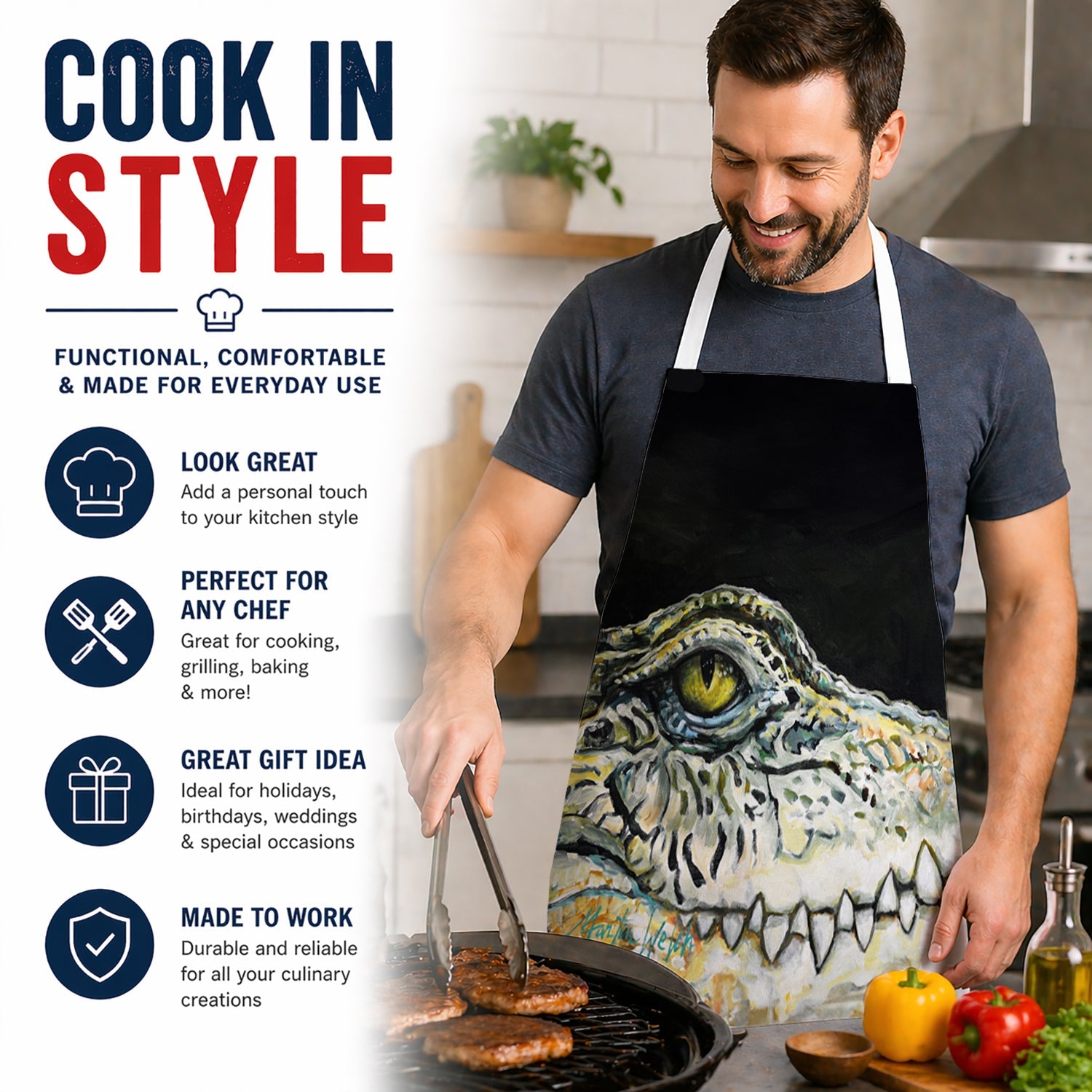 Bite Me Alligator Apron Cooking Kitchen Server Baking Crafts Gardening for Adult Women Men, Unisex, Large, Multicolor