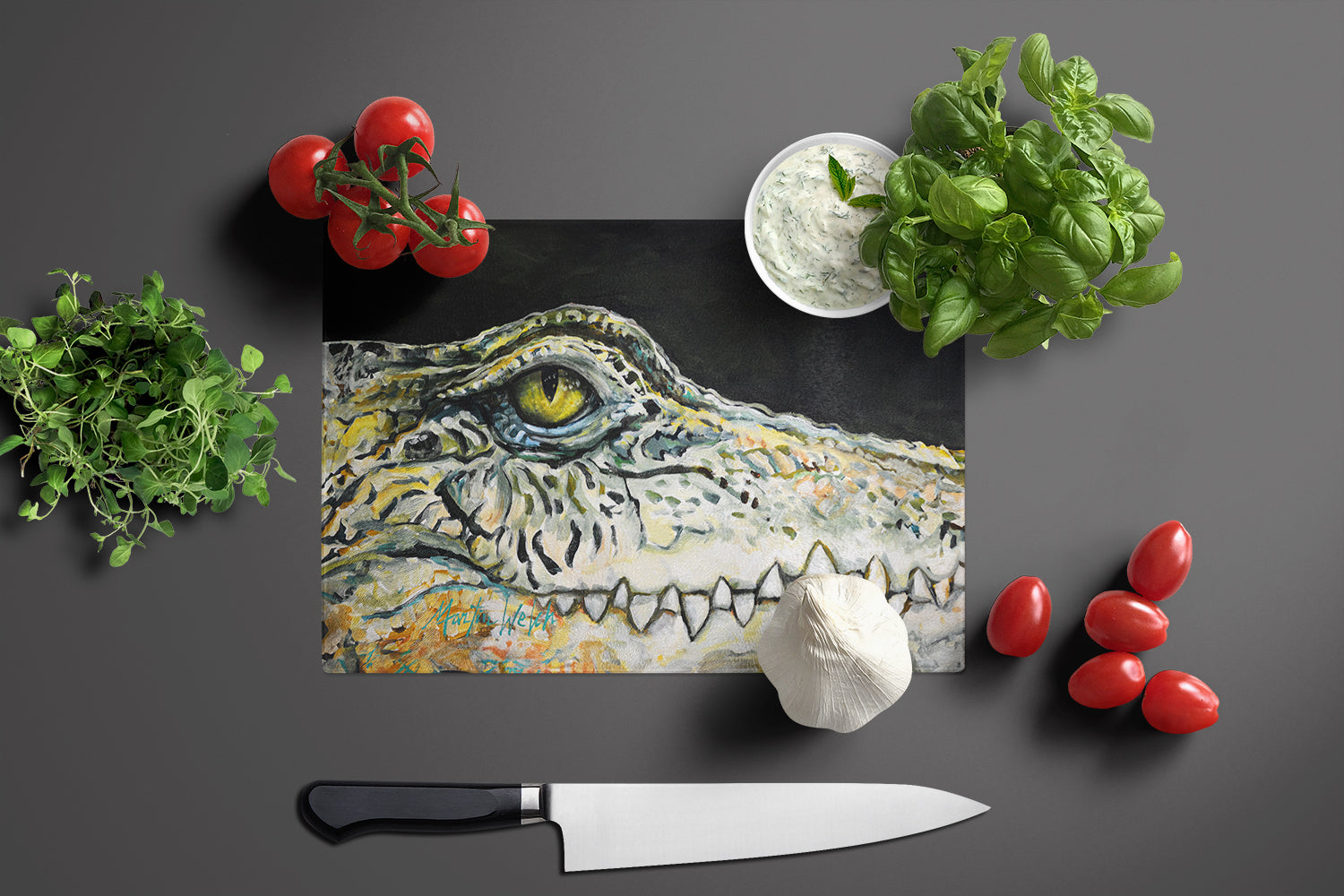 Bite Me Alligator Cutting Board Tempered Glass Kitchen Cutting Surface, Heat Resistant Chopping, Non-Slip Feet, Food Prep & Serving