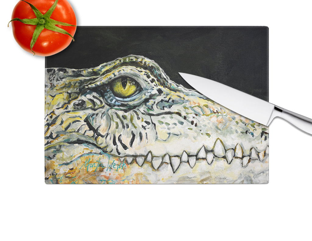 Bite Me Alligator Cutting Board Tempered Glass Kitchen Cutting Surface, Heat Resistant Chopping, Non-Slip Feet, Food Prep & Serving