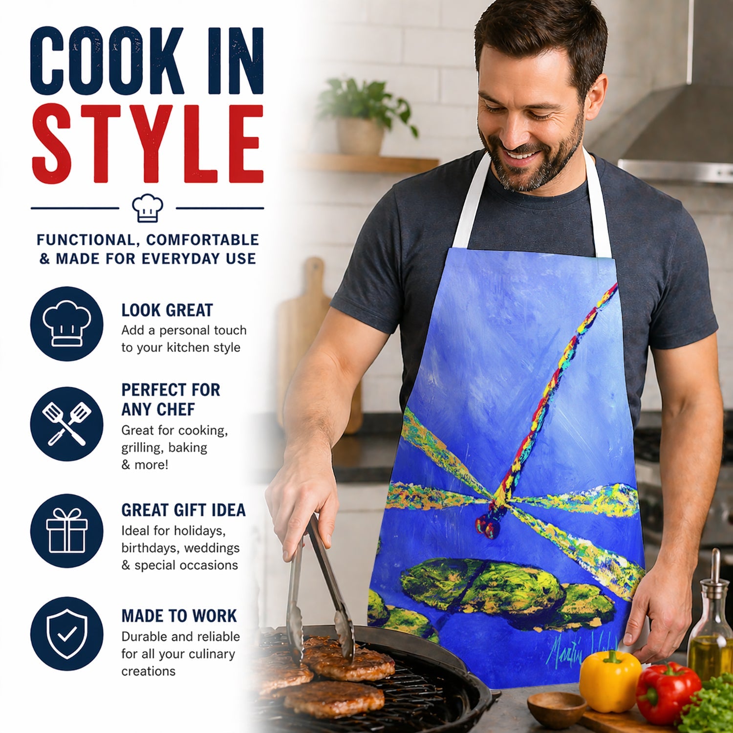 Blue Dragonfly Apron Cooking Kitchen Server Baking Crafts Gardening for Adult Women Men, Unisex, Large, Multicolor