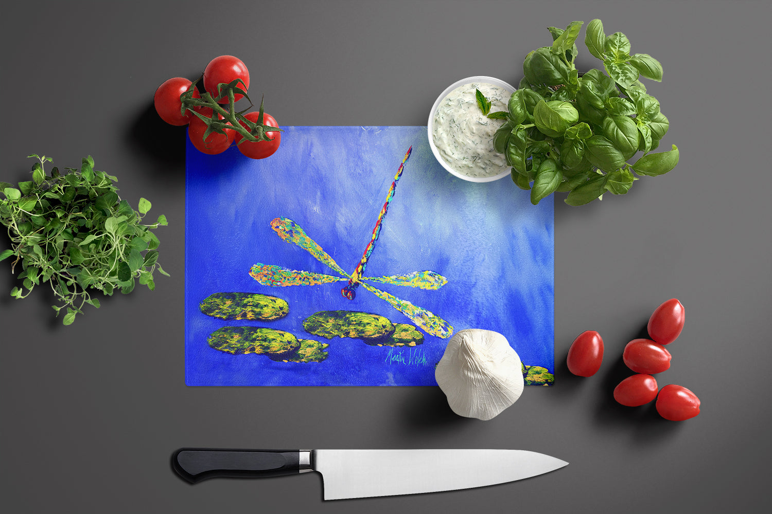 Blue Dragonfly Cutting Board Tempered Glass Kitchen Cutting Surface, Heat Resistant Chopping, Non-Slip Feet, Food Prep & Serving