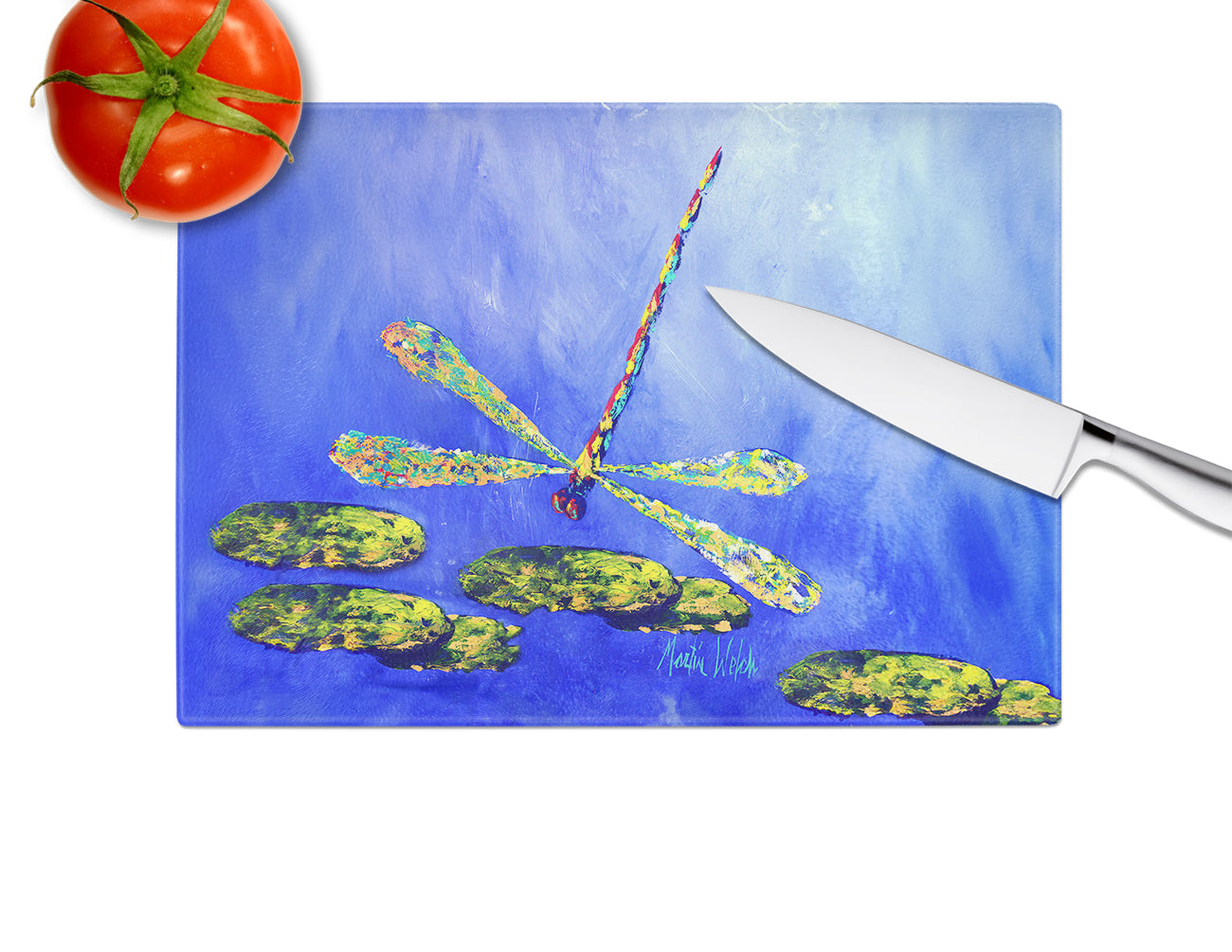 Blue Dragonfly Cutting Board Tempered Glass Kitchen Cutting Surface, Heat Resistant Chopping, Non-Slip Feet, Food Prep & Serving