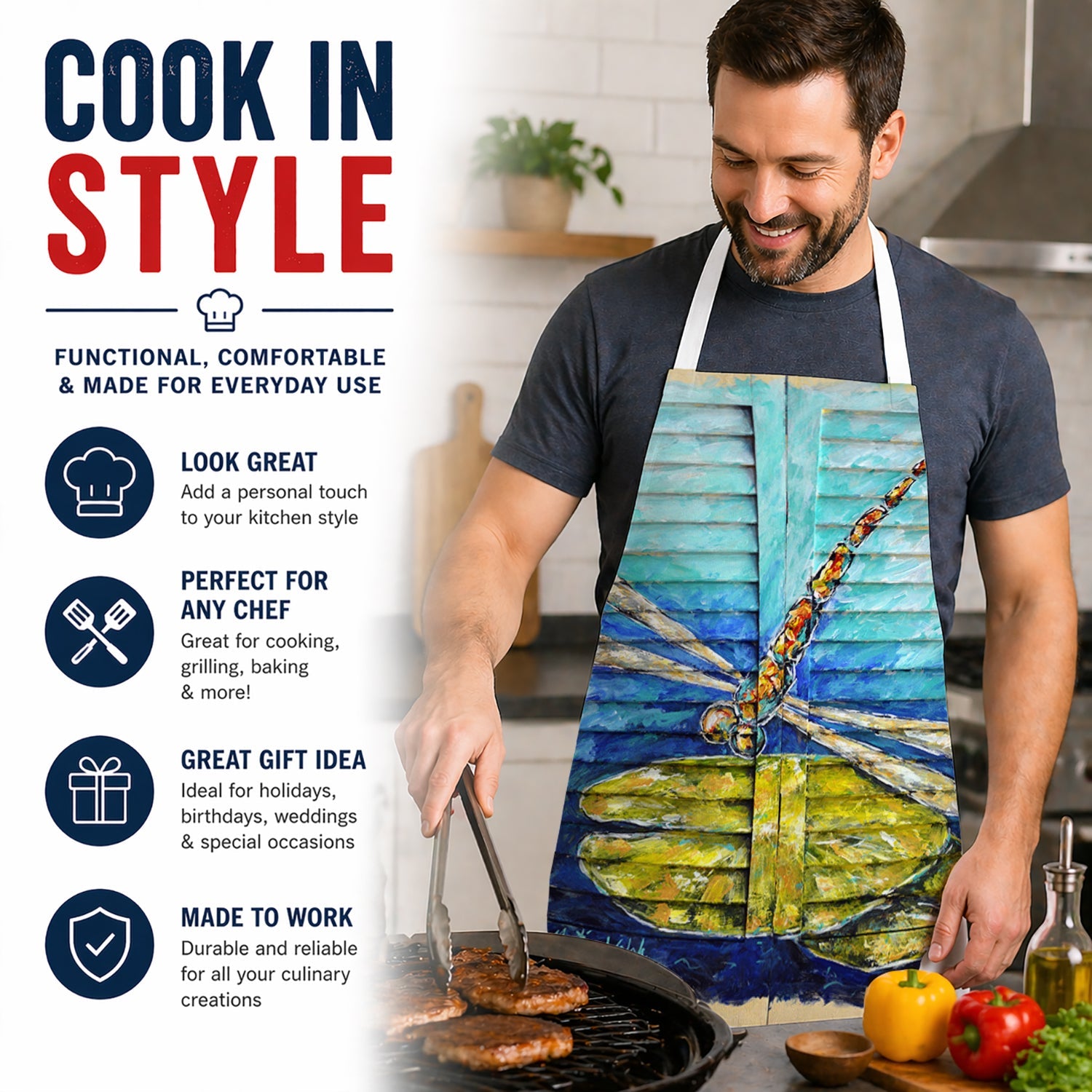 Blue Eyed Dragonfly Apron Cooking Kitchen Server Baking Crafts Gardening for Adult Women Men, Unisex, Large, Multicolor