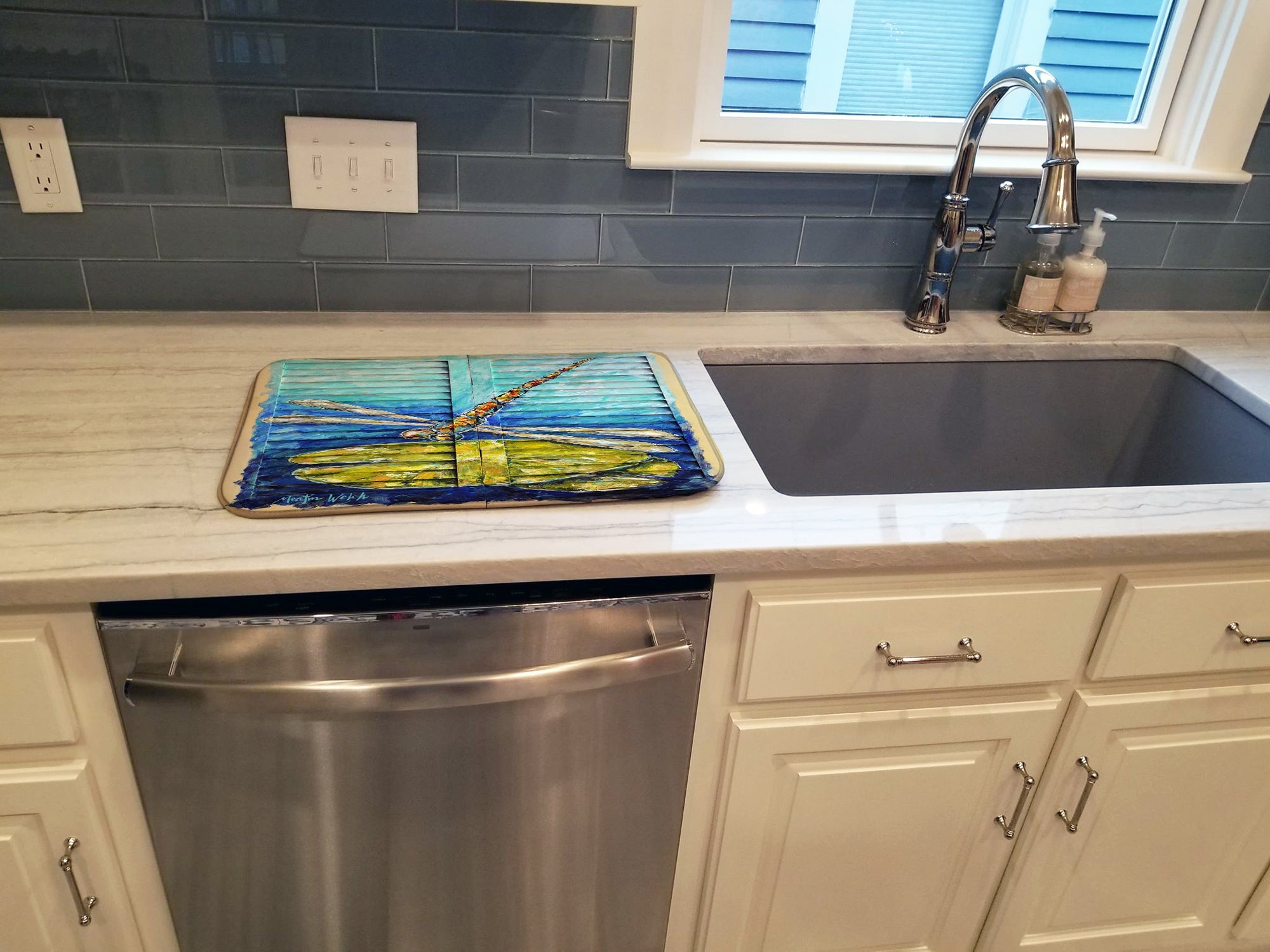 Blue Eyed Dragonfly Dish Drying Mat Absorbent Dish Drying Mat Pad for Kitchen Counter Dish Drainer Mat for Countertop, 14 x 21", Multicolor