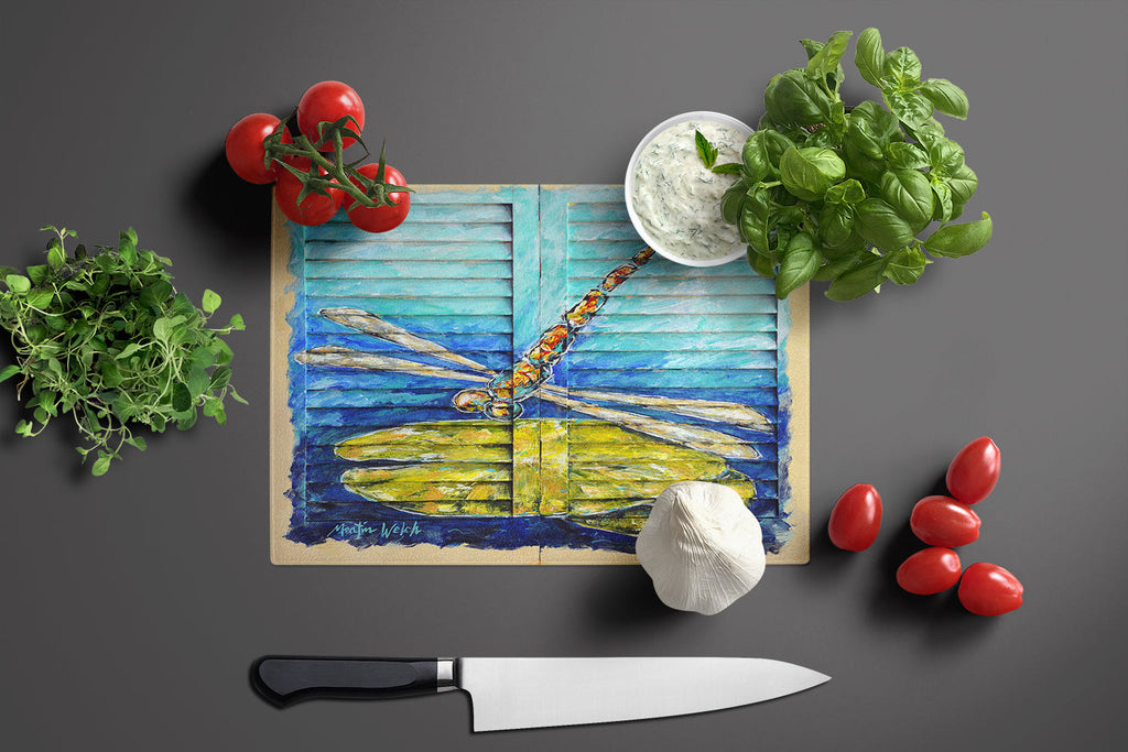 Blue Eyed Dragonfly Cutting Board Tempered Glass Kitchen Cutting Surface, Heat Resistant Chopping, Non-Slip Feet, Food Prep & Serving