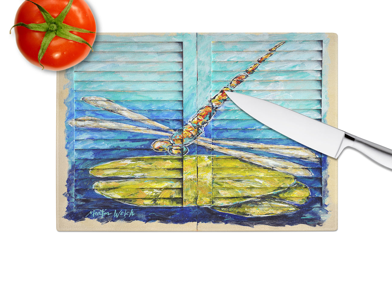 Blue Eyed Dragonfly Cutting Board Tempered Glass Kitchen Cutting Surface, Heat Resistant Chopping, Non-Slip Feet, Food Prep & Serving