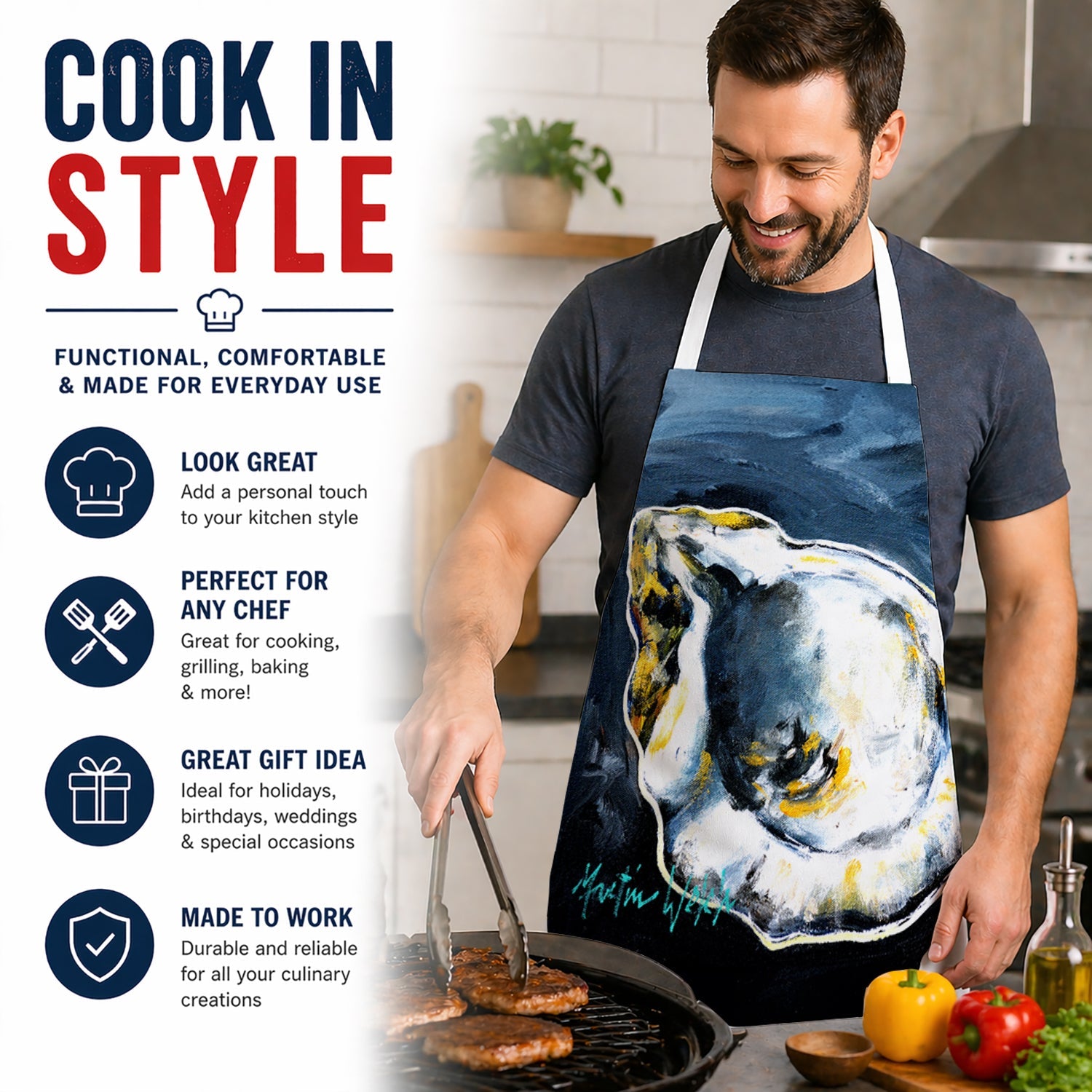 Blue Star Oyster Apron Cooking Kitchen Server Baking Crafts Gardening for Adult Women Men, Unisex, Large, Multicolor