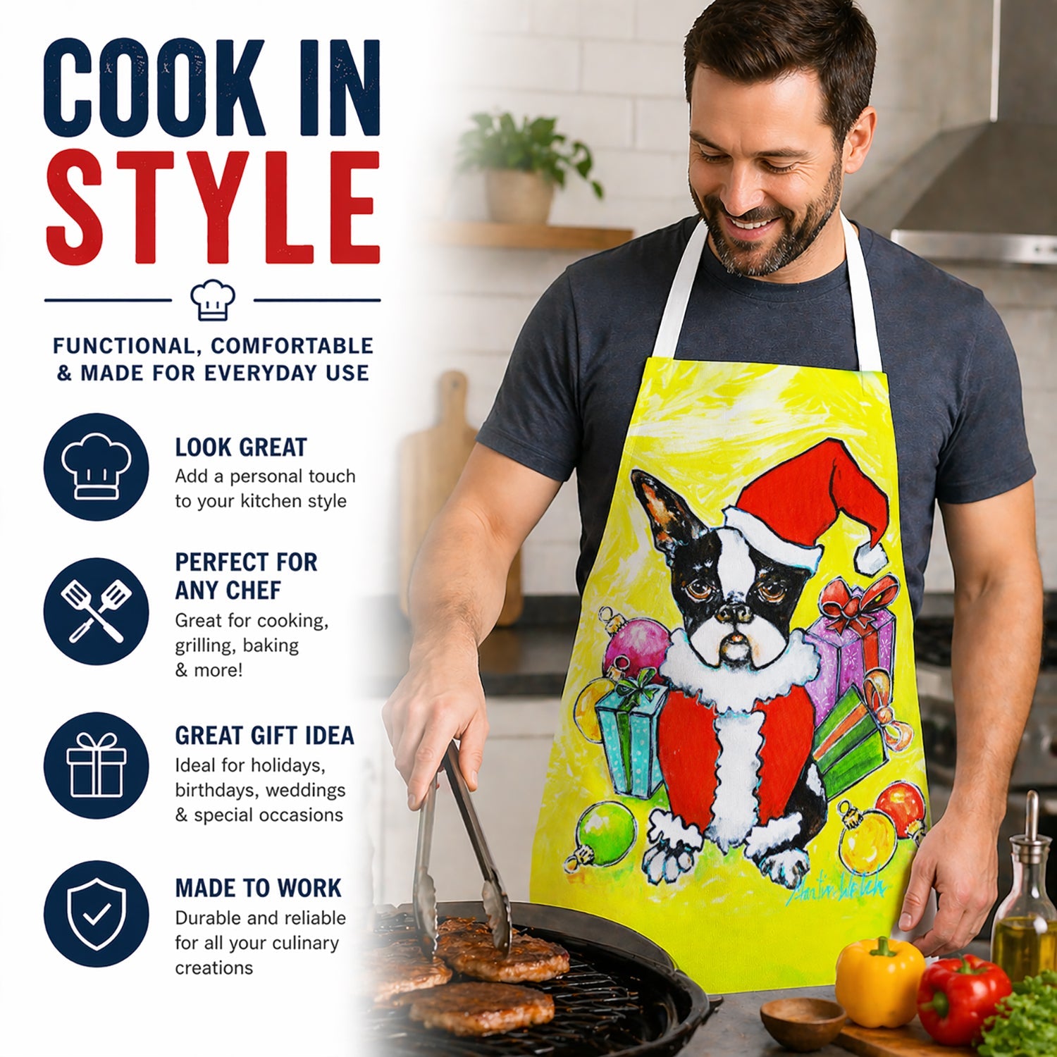 Boston Terrier Stinker That Stole Christmas Apron Cooking Kitchen Server Baking Crafts Gardening for Adult Women Men, Unisex, Large, Multicolor