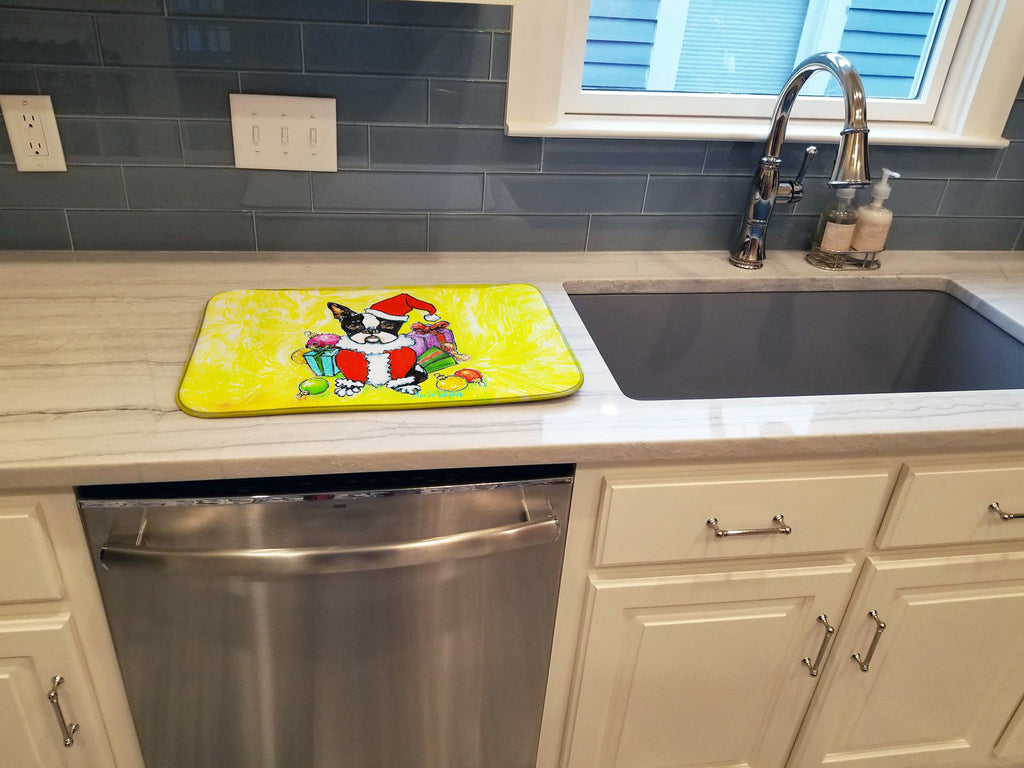 Boston Terrier Stinker That Stole Christmas Dish Drying Mat Absorbent Dish Drying Mat Pad for Kitchen Counter Dish Drainer Mat for Countertop, 14 x 21", Multicolor