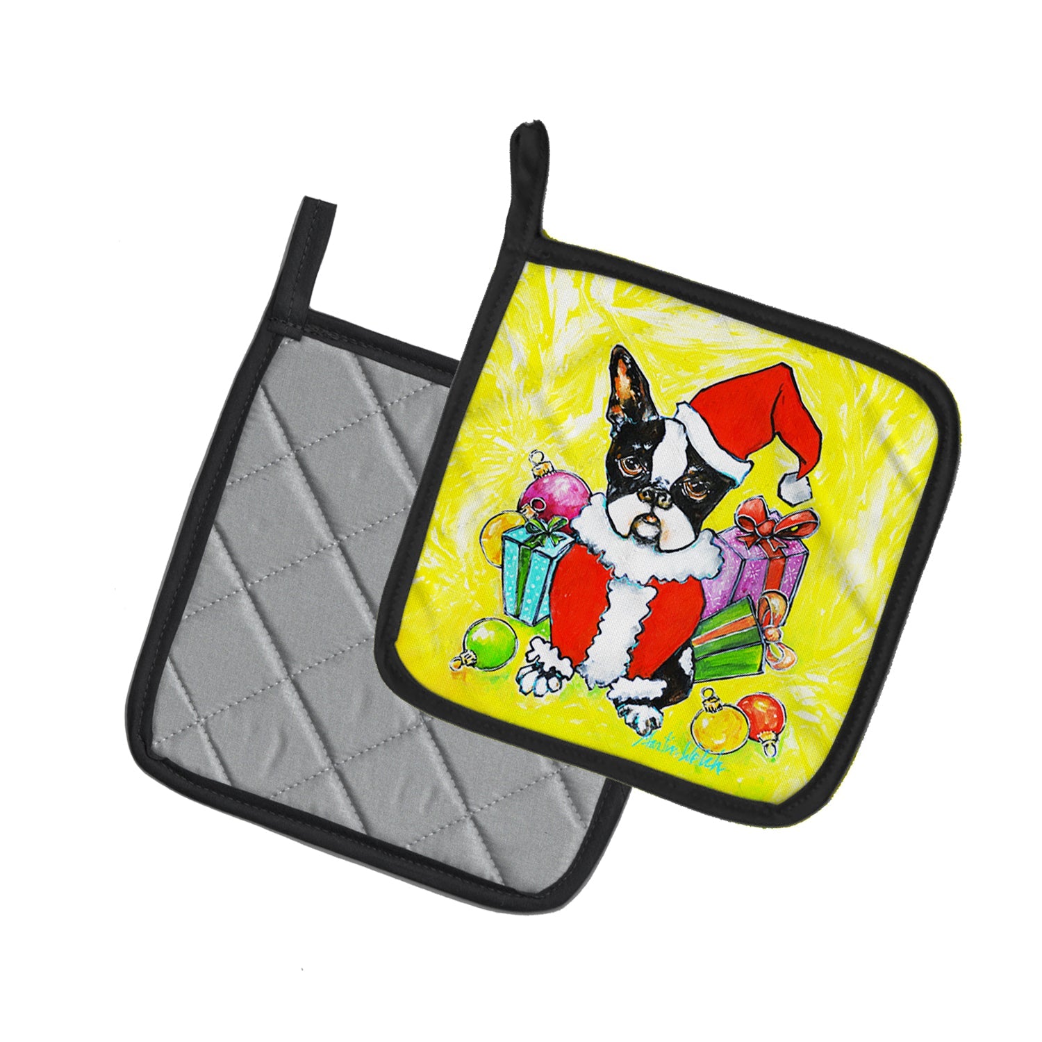 Boston Terrier Stinker That Stole Christmas Pot Holder Set of 2 Heat Resistant Quilted Hot Pads 7.5 x 7.5 Inch, Insulated Kitchen Trivets for Cooking & Baking