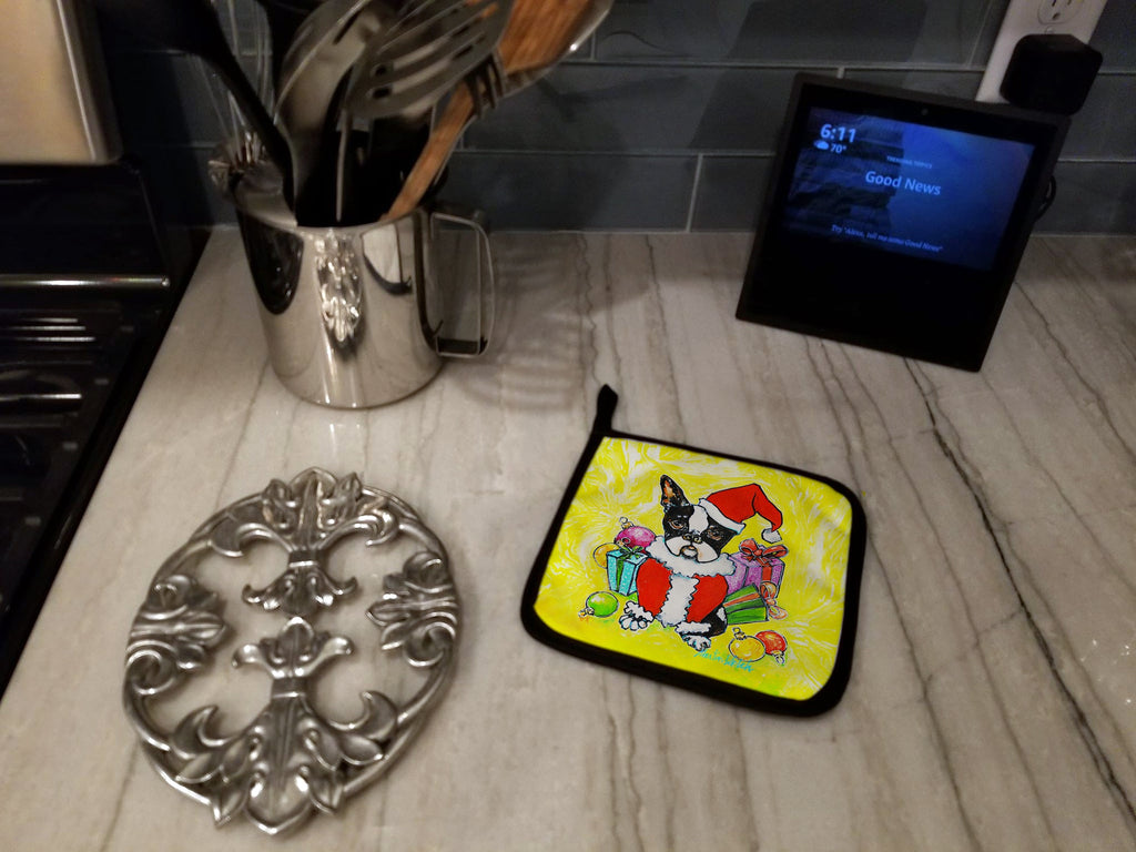 Boston Terrier Stinker That Stole Christmas Pot Holder Set of 2 Heat Resistant Quilted Hot Pads 7.5 x 7.5 Inch, Insulated Kitchen Trivets for Cooking & Baking