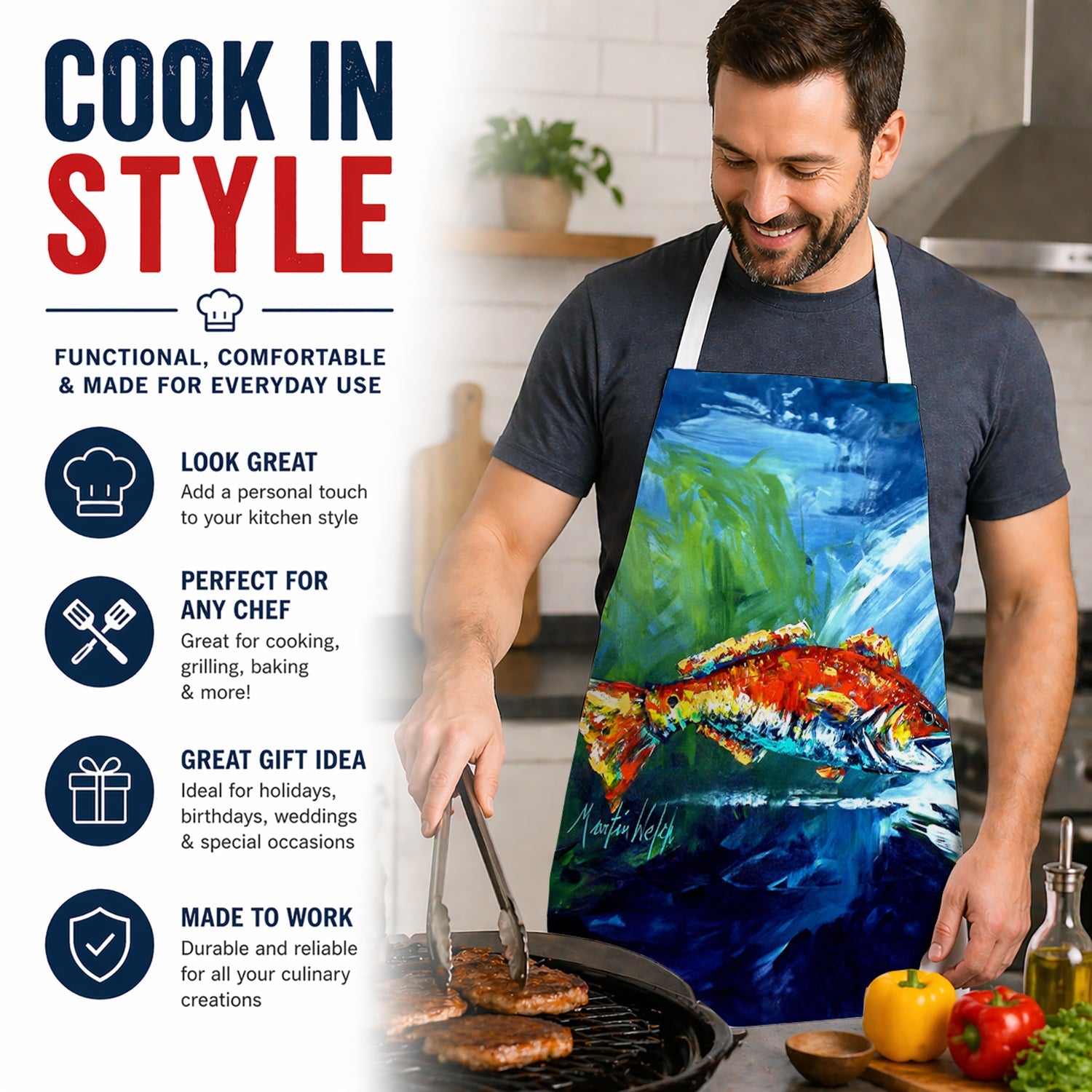 Break Through Red Fish Apron Cooking Kitchen Server Baking Crafts Gardening for Adult Women Men, Unisex, Large, Multicolor