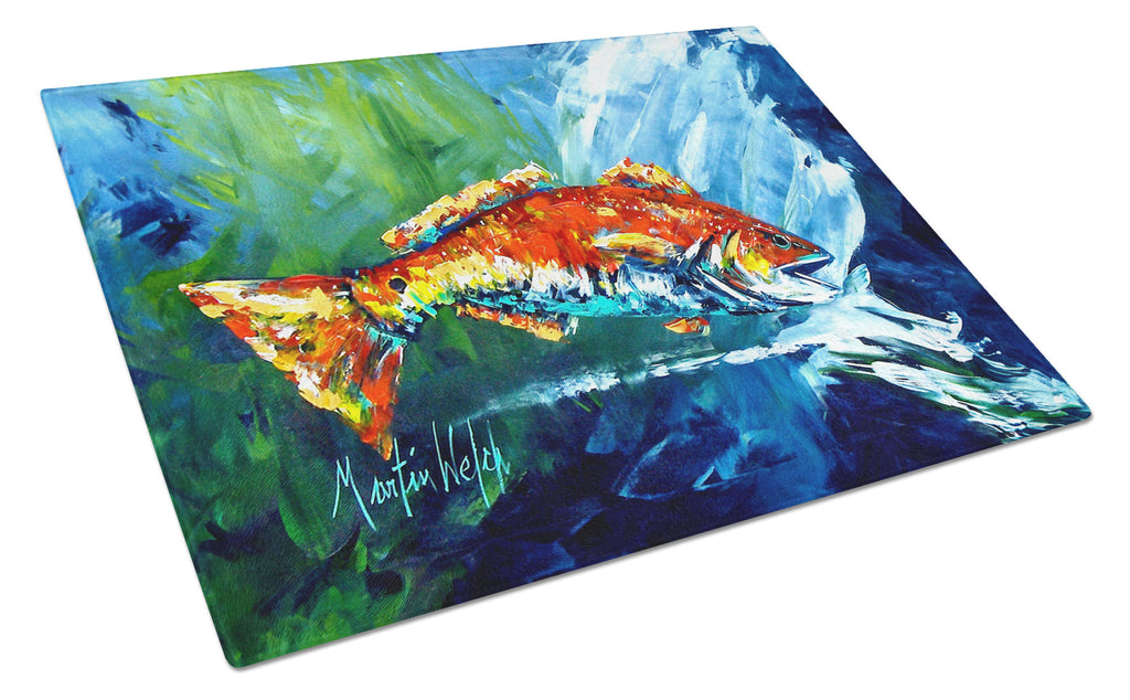 Break Through Red Fish Cutting Board Tempered Glass Kitchen Cutting Surface, Heat Resistant Chopping, Non-Slip Feet, Food Prep & Serving