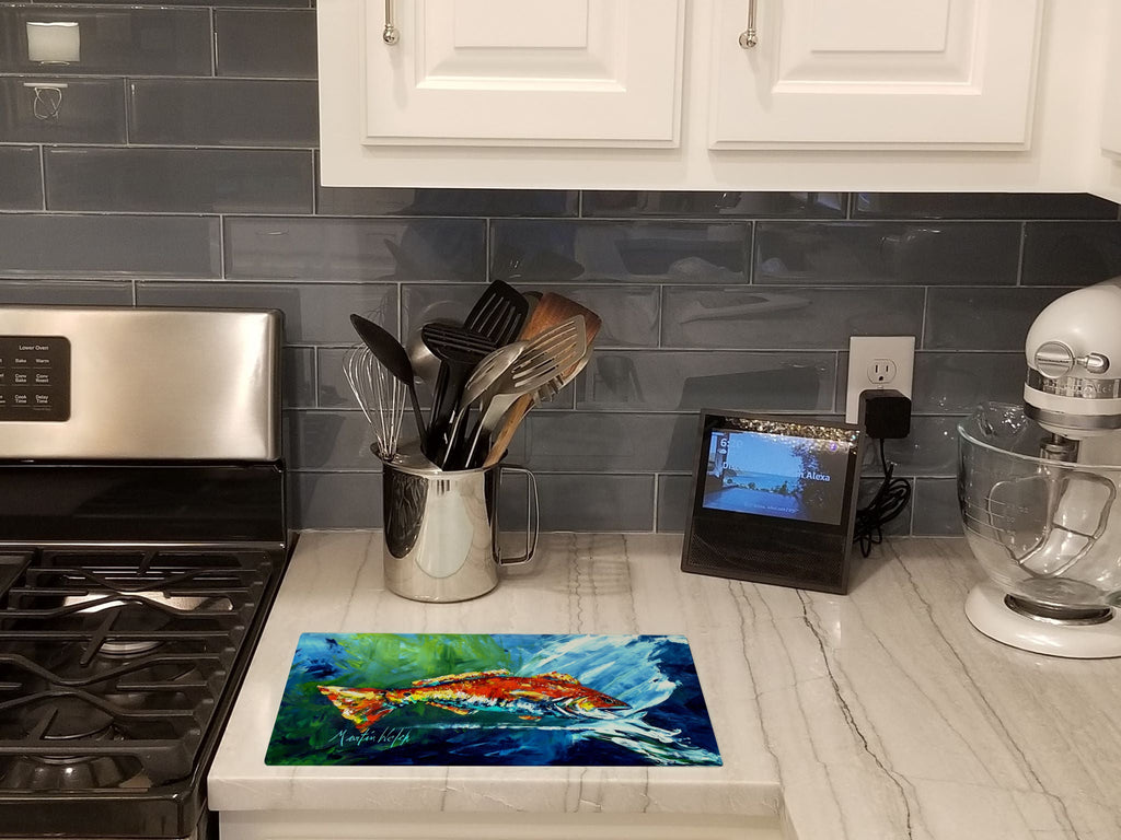 Break Through Red Fish Cutting Board Tempered Glass Kitchen Cutting Surface, Heat Resistant Chopping, Non-Slip Feet, Food Prep & Serving
