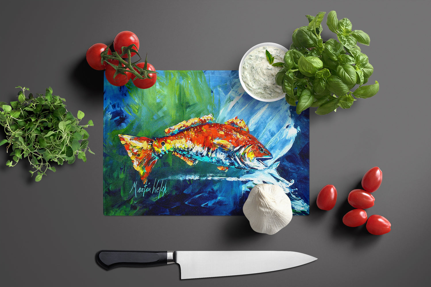 Break Through Red Fish Cutting Board Tempered Glass Kitchen Cutting Surface, Heat Resistant Chopping, Non-Slip Feet, Food Prep & Serving