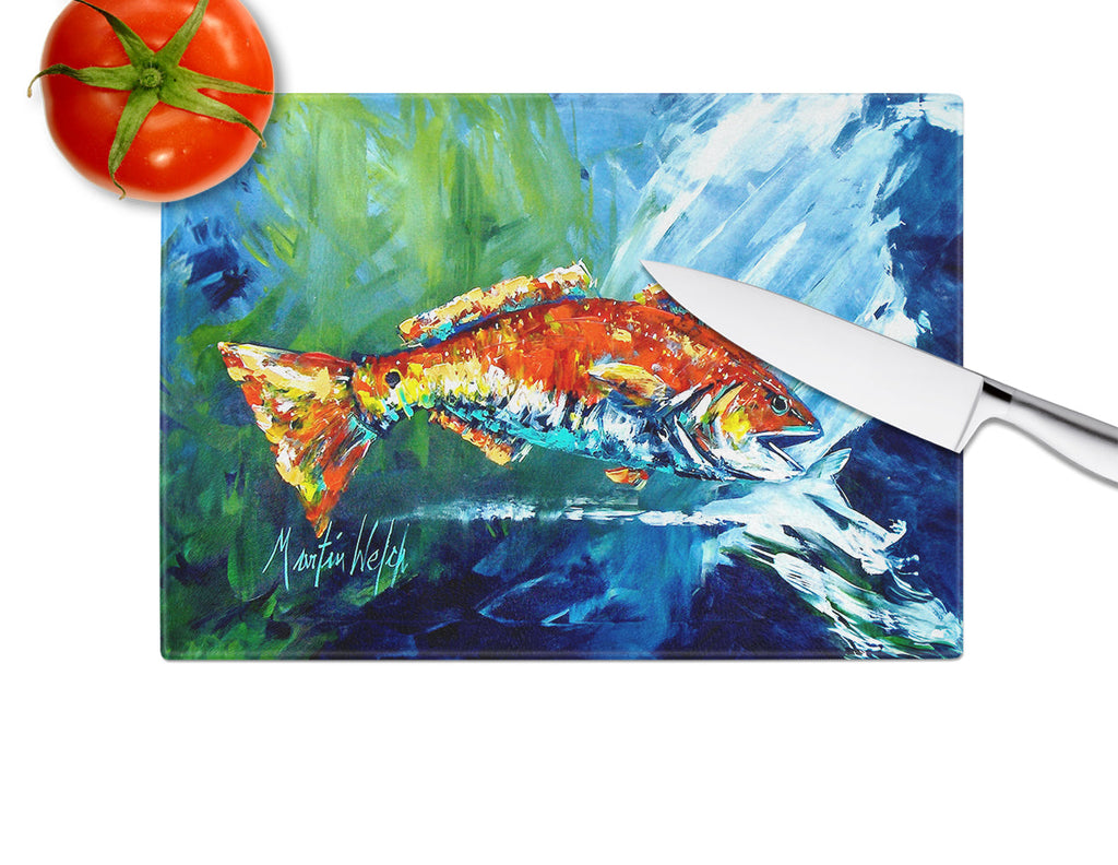 Break Through Red Fish Cutting Board Tempered Glass Kitchen Cutting Surface, Heat Resistant Chopping, Non-Slip Feet, Food Prep & Serving