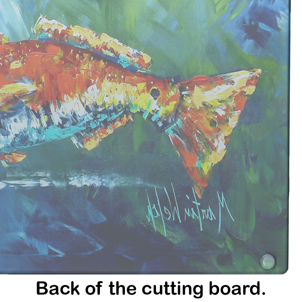 Break Through Red Fish Cutting Board Tempered Glass Kitchen Cutting Surface, Heat Resistant Chopping, Non-Slip Feet, Food Prep & Serving