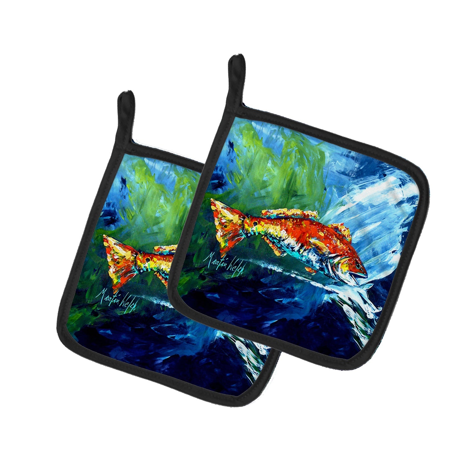 Break Through Red Fish Pot Holder Set of 2 Heat Resistant Quilted Hot Pads 7.5 x 7.5 Inch, Insulated Kitchen Trivets for Cooking & Baking