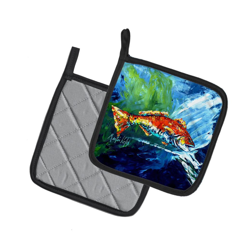 Break Through Red Fish Pot Holder Set of 2 Heat Resistant Quilted Hot Pads 7.5 x 7.5 Inch, Insulated Kitchen Trivets for Cooking & Baking