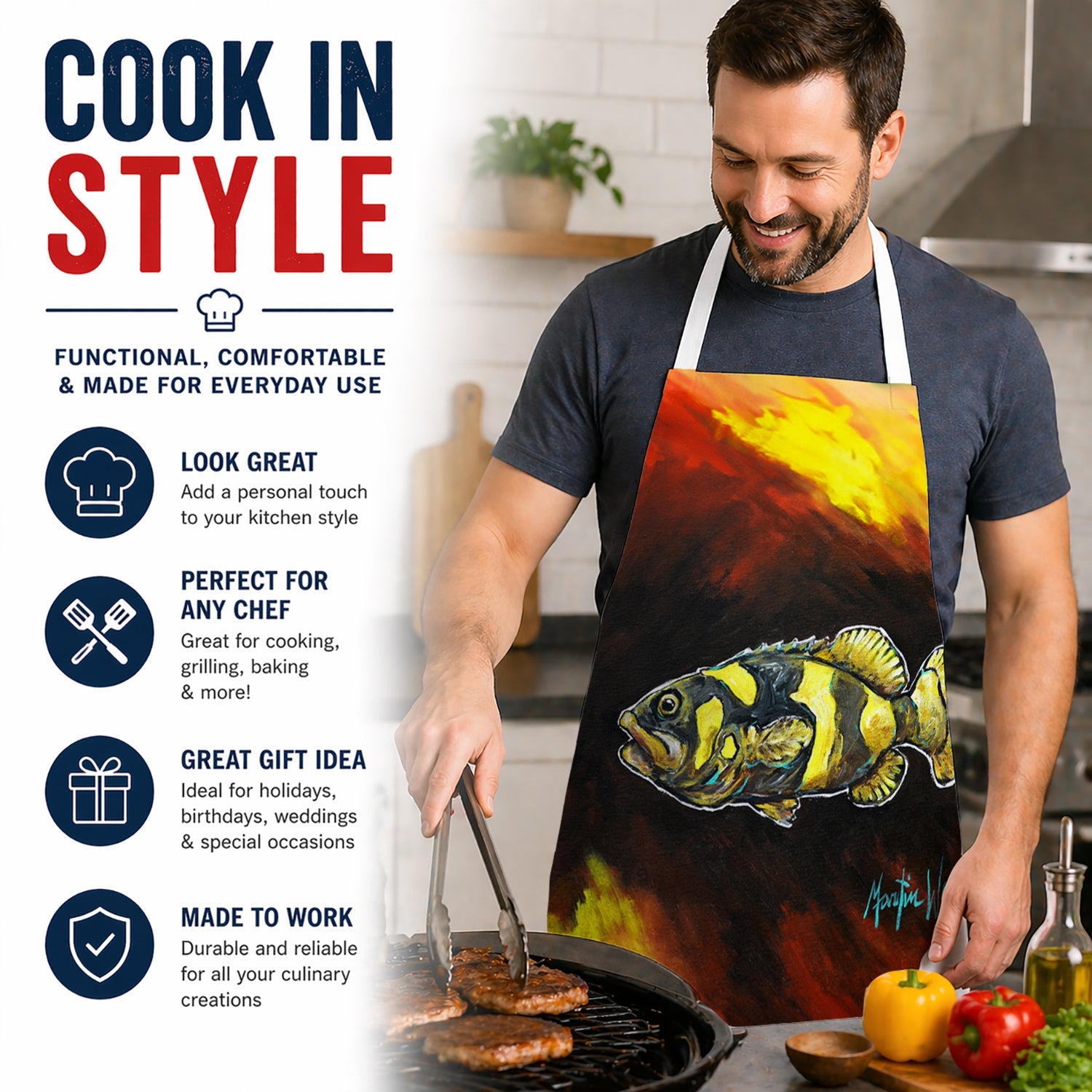 Bumblebee Fish Apron Cooking Kitchen Server Baking Crafts Gardening for Adult Women Men, Unisex, Large, Multicolor