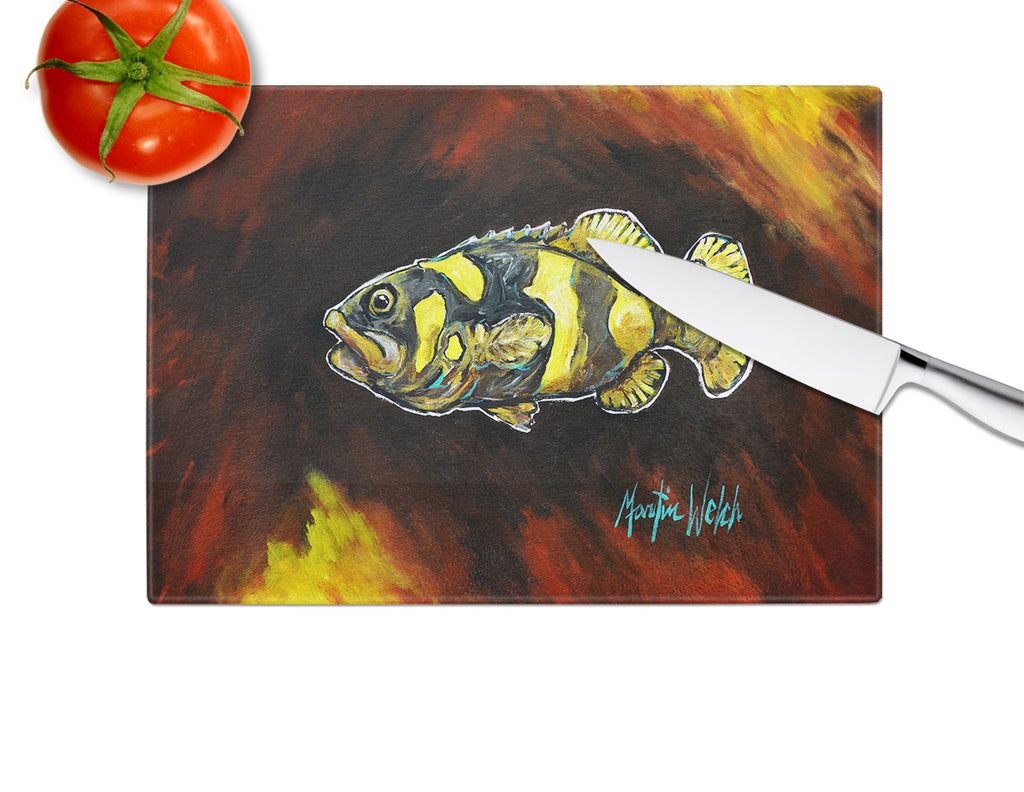 Bumblebee Fish Cutting Board Tempered Glass Kitchen Cutting Surface, Heat Resistant Chopping, Non-Slip Feet, Food Prep & Serving
