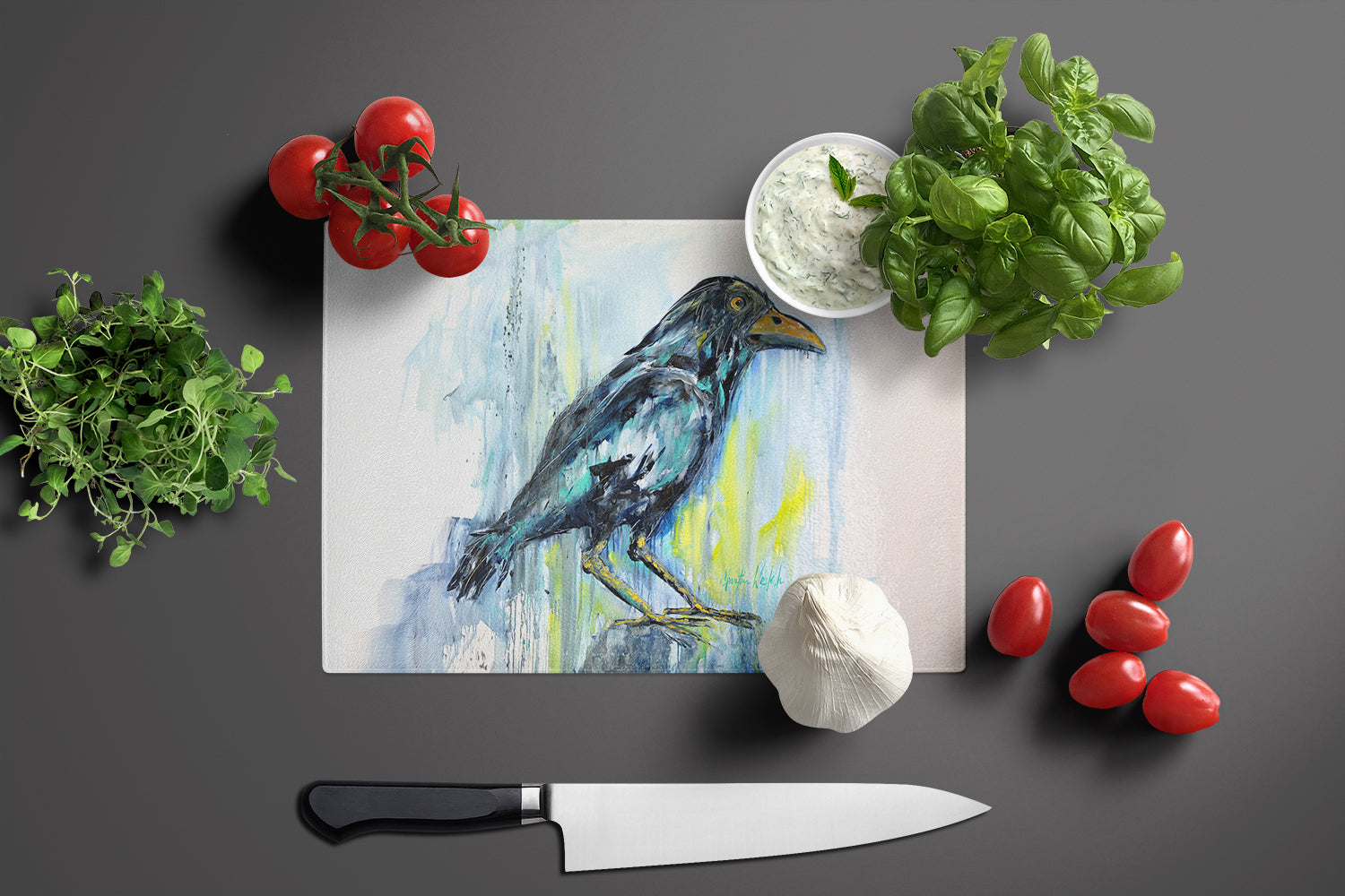 Burnt Corn Crow Cutting Board Tempered Glass Kitchen Cutting Surface, Heat Resistant Chopping, Non-Slip Feet, Food Prep & Serving