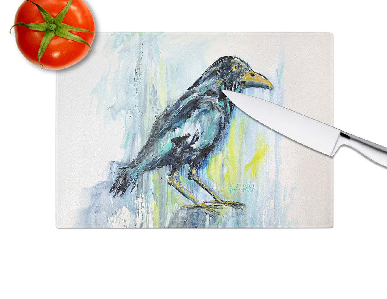 Burnt Corn Crow Cutting Board Tempered Glass Kitchen Cutting Surface, Heat Resistant Chopping, Non-Slip Feet, Food Prep & Serving