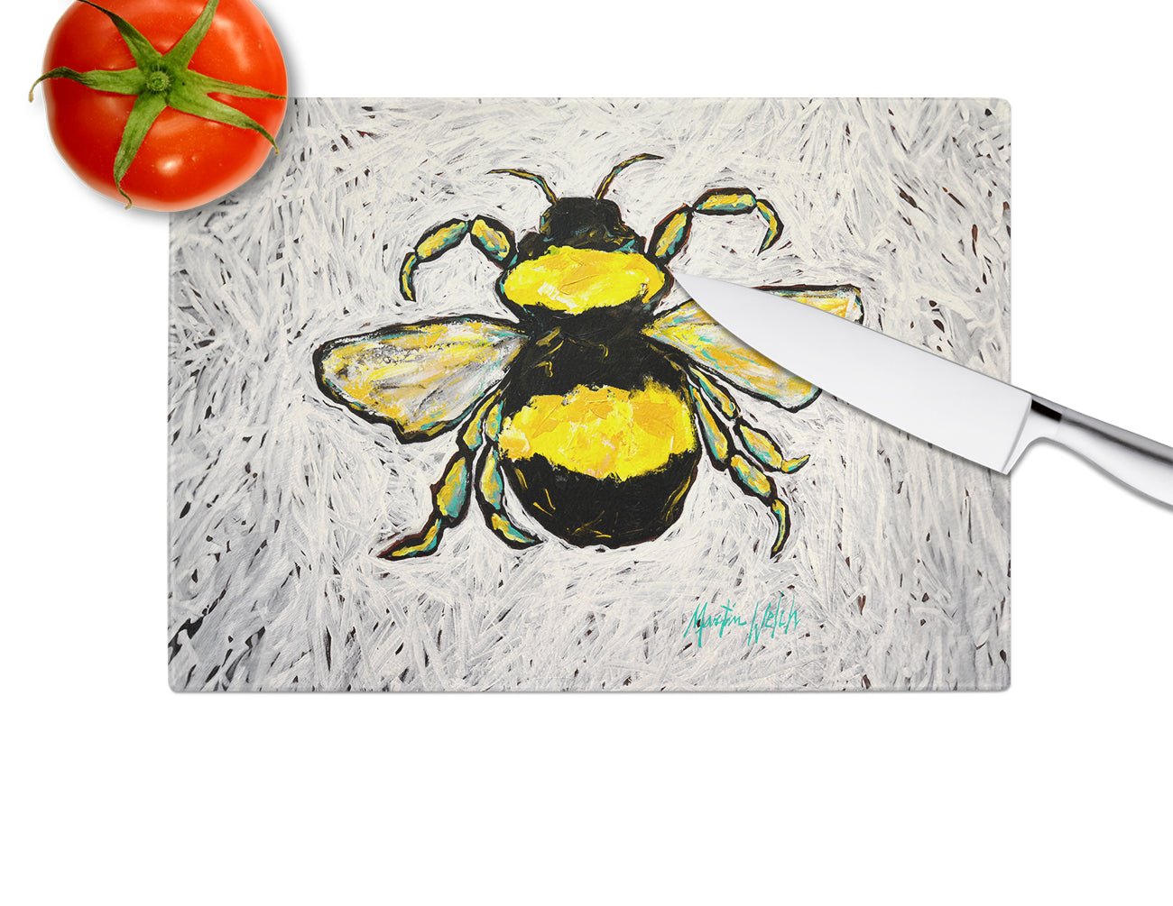 Buzzbee Bumblebee Cutting Board Tempered Glass Kitchen Cutting Surface, Heat Resistant Chopping, Non-Slip Feet, Food Prep & Serving