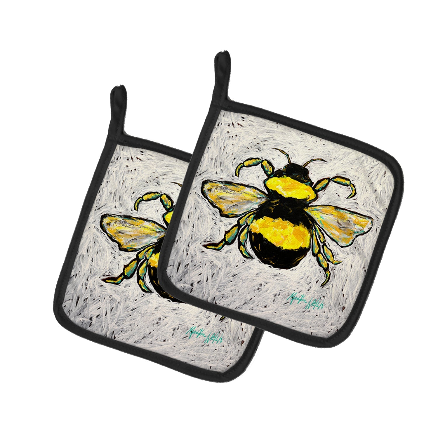 Buzzbee Bumblebee Pot Holder Set of 2 Heat Resistant Quilted Hot Pads 7.5 x 7.5 Inch, Insulated Kitchen Trivets for Cooking & Baking