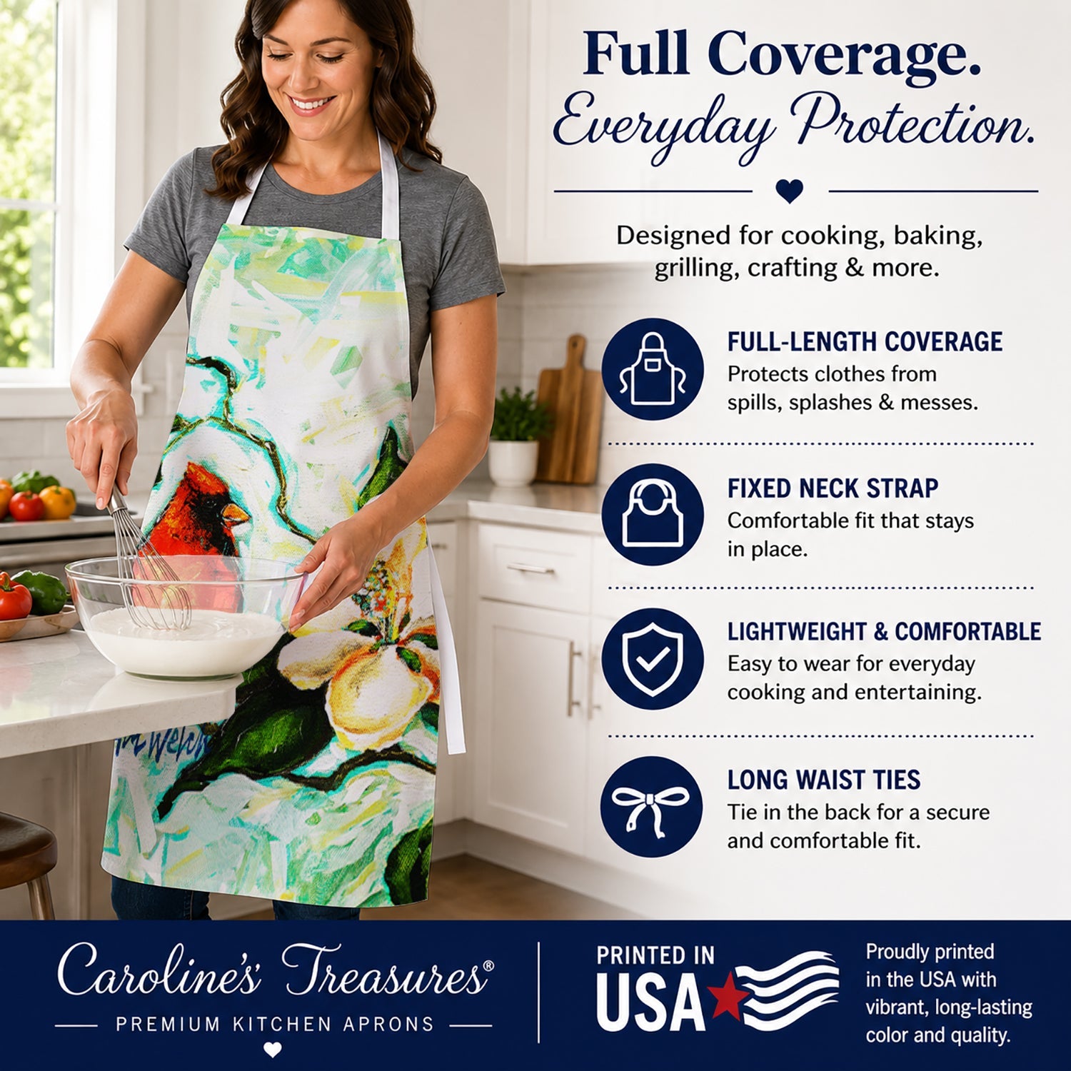 Cardinal Aqua Apron Cooking Kitchen Server Baking Crafts Gardening for Adult Women Men, Unisex, Large, Multicolor