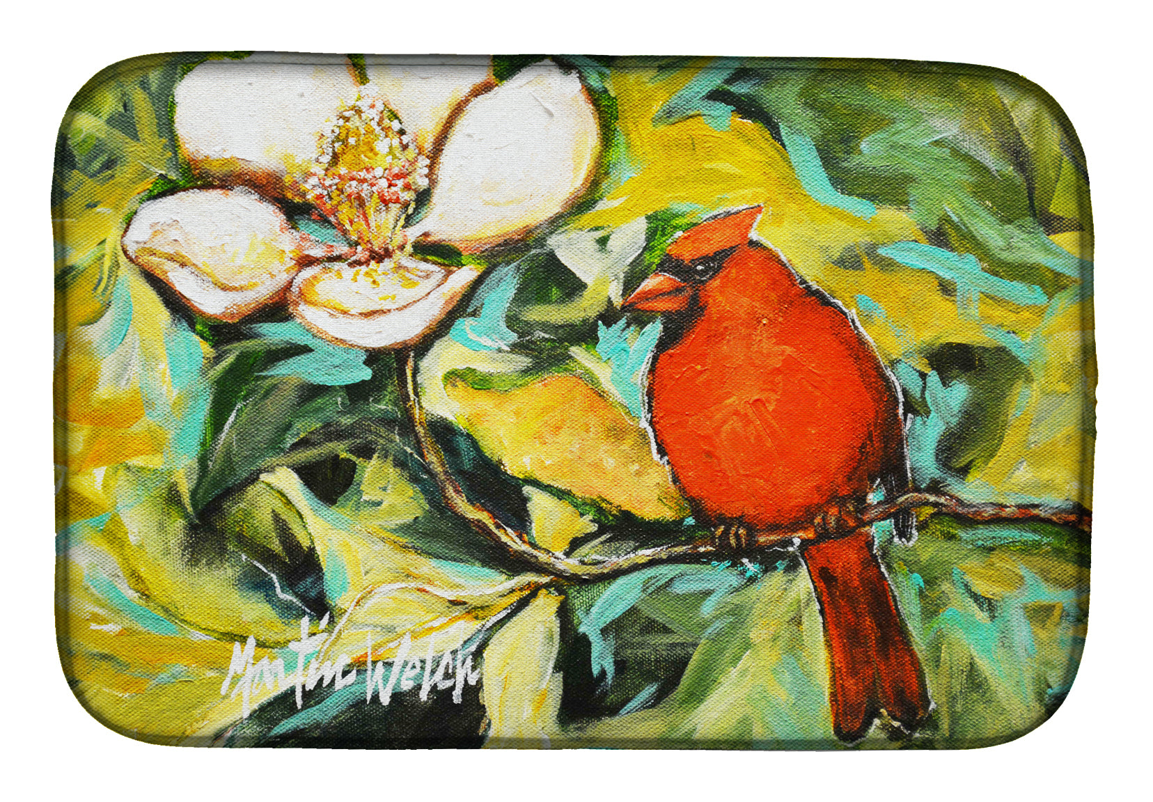 Cardinal with Magnolia Dish Drying Mat Absorbent Dish Drying Mat Pad for Kitchen Counter Dish Drainer Mat for Countertop, 14 x 21", Multicolor