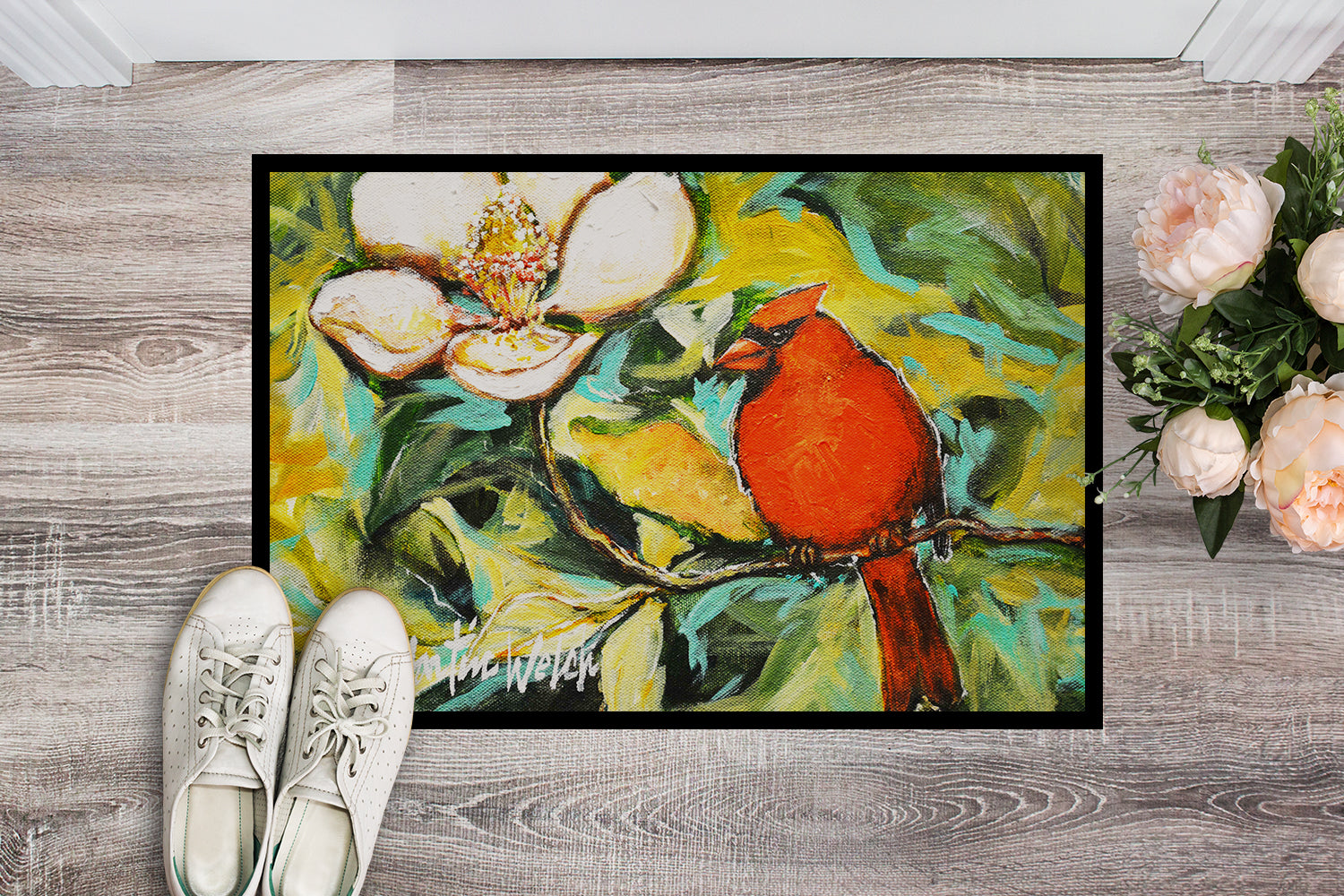 Cardinal with Magnolia Doormat Indoor Outdoor 24H X 36W Front Door Mat Rugs for Entryway, Non Slip Washable Low Pile,