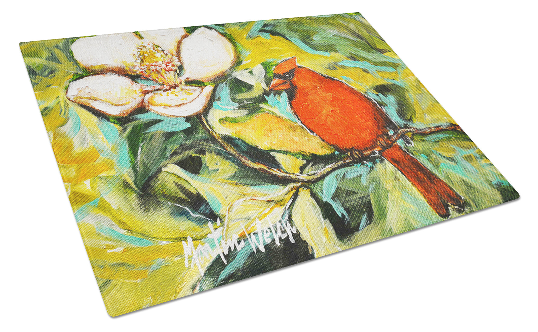 Cardinal with Magnolia Cutting Board Tempered Glass Kitchen Cutting Surface, Heat Resistant Chopping, Non-Slip Feet, Food Prep & Serving