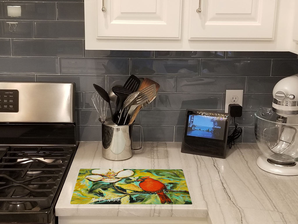 Cardinal with Magnolia Cutting Board Tempered Glass Kitchen Cutting Surface, Heat Resistant Chopping, Non-Slip Feet, Food Prep & Serving