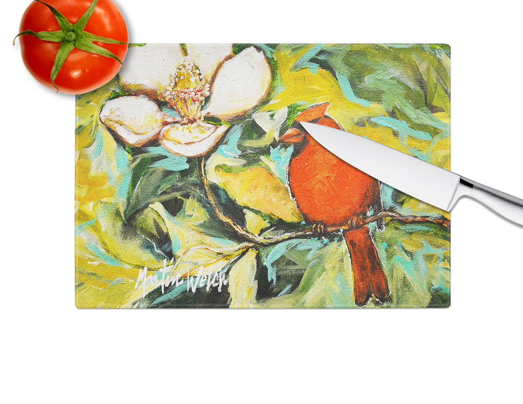 Cardinal with Magnolia Cutting Board Tempered Glass Kitchen Cutting Surface, Heat Resistant Chopping, Non-Slip Feet, Food Prep & Serving