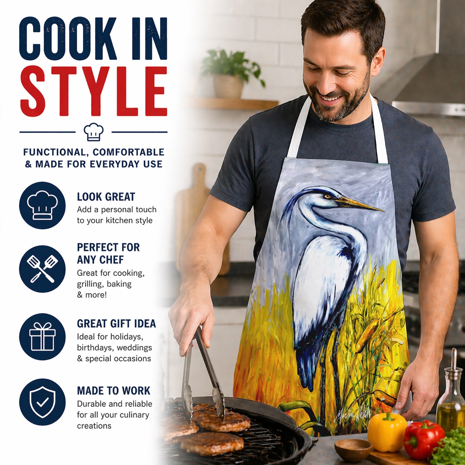 Cattin Around Heron Apron Cooking Kitchen Server Baking Crafts Gardening for Adult Women Men, Unisex, Large, Multicolor