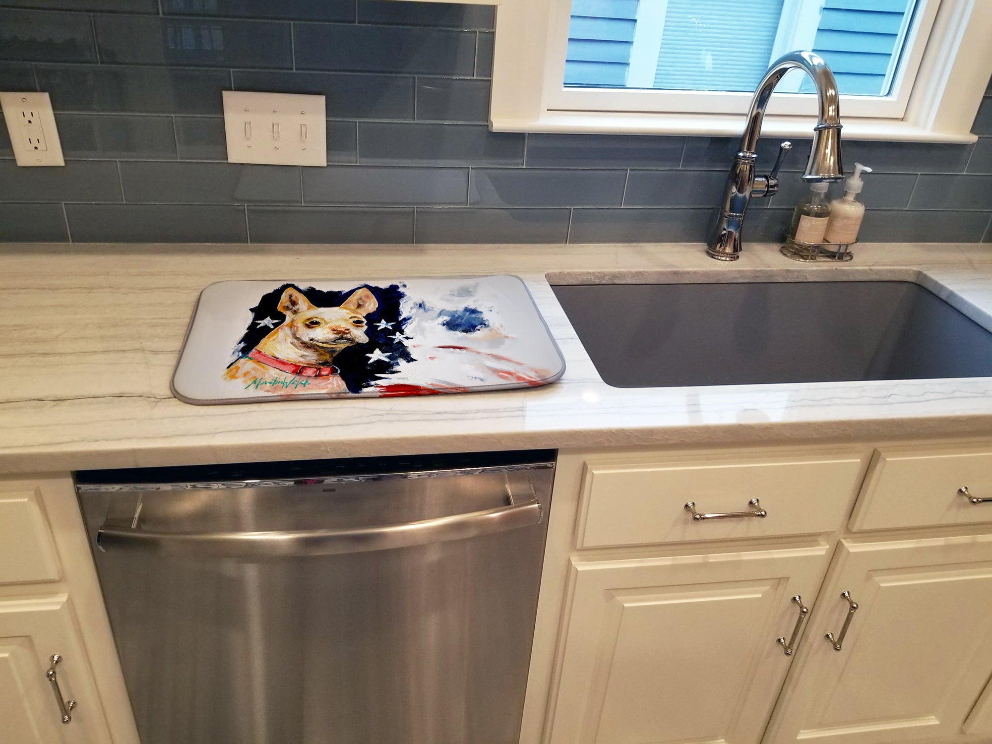 Chevy Boston Terrier Dish Drying Mat Absorbent Dish Drying Mat Pad for Kitchen Counter Dish Drainer Mat for Countertop, 14 x 21", Multicolor
