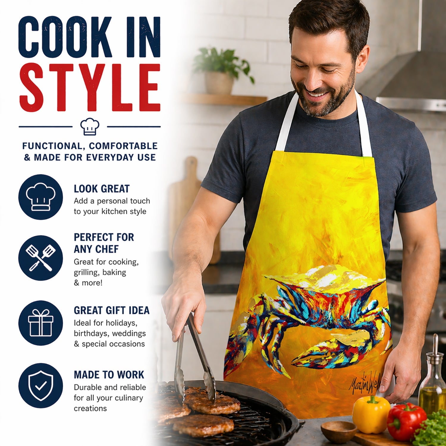 Crab Called the Bigger Jigger Apron Cooking Kitchen Server Baking Crafts Gardening for Adult Women Men, Unisex, Large, Multicolor