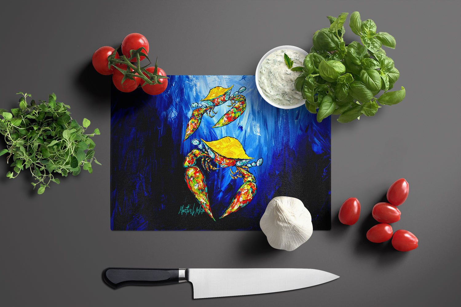 Crab Fair Cutting Board Tempered Glass Kitchen Cutting Surface, Heat Resistant Chopping, Non-Slip Feet, Food Prep & Serving