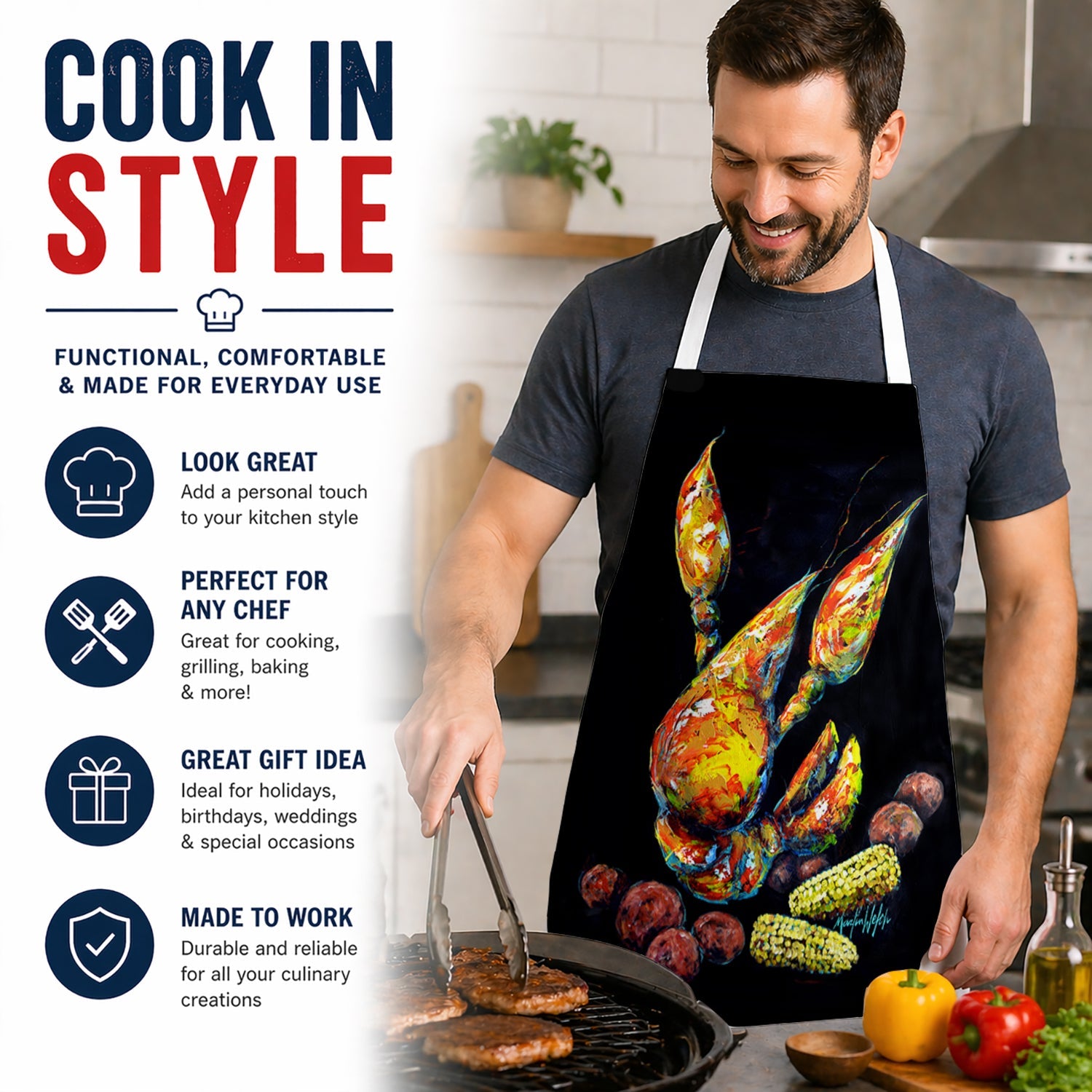 Crawfish Boiling Pot Apron Cooking Kitchen Server Baking Crafts Gardening for Adult Women Men, Unisex, Large, Multicolor