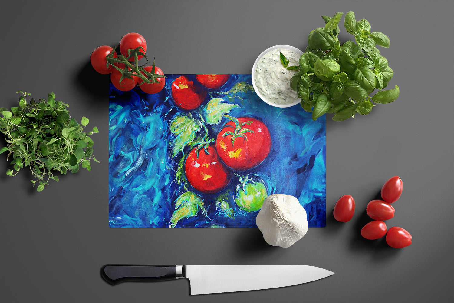 Creole Tomatoes Cutting Board Tempered Glass Kitchen Cutting Surface, Heat Resistant Chopping, Non-Slip Feet, Food Prep & Serving