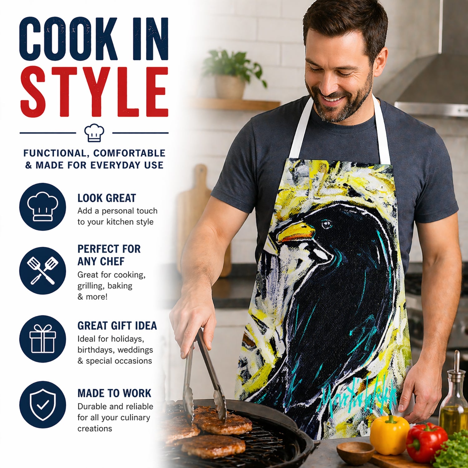 Crow Adam Apron Cooking Kitchen Server Baking Crafts Gardening for Adult Women Men, Unisex, Large, Multicolor