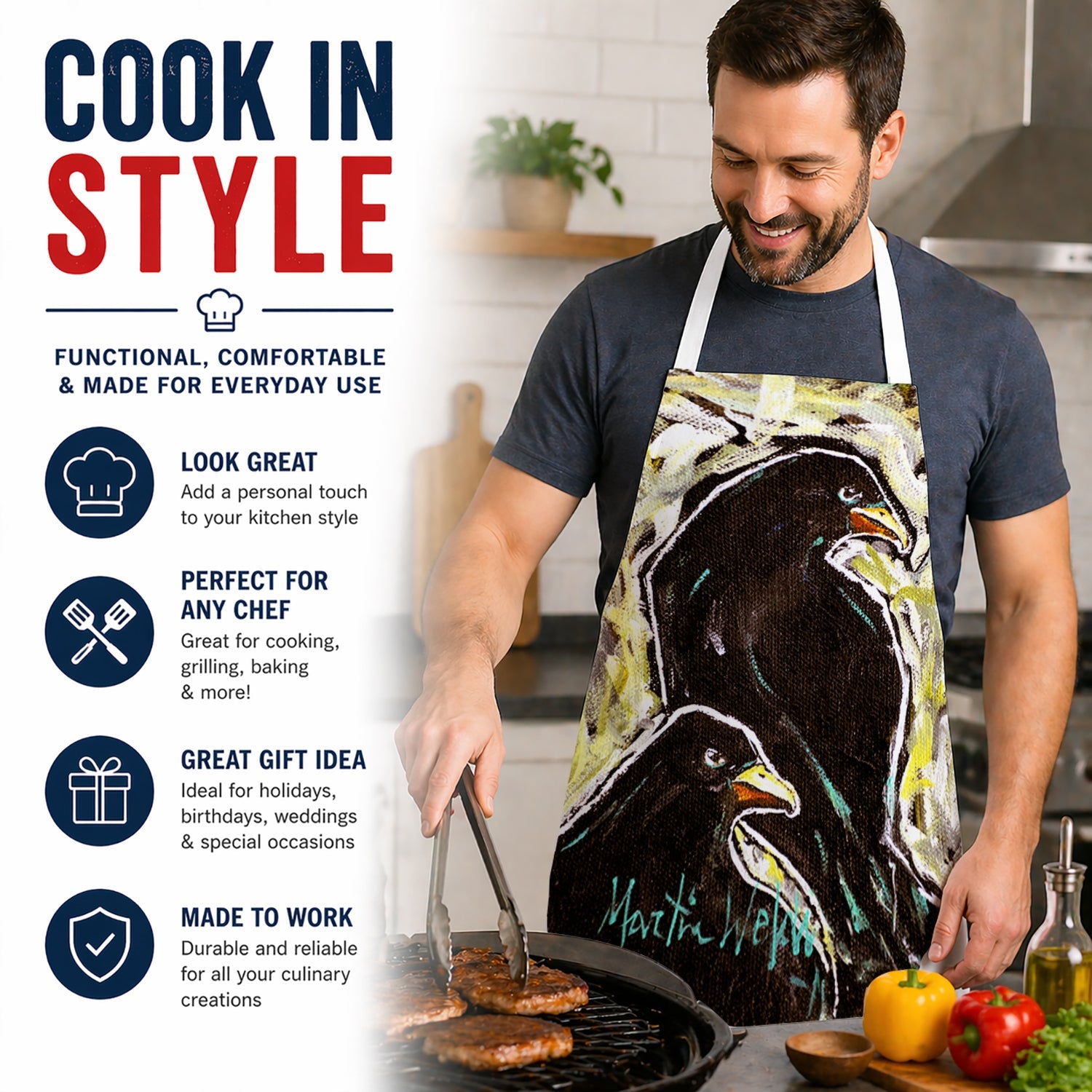 Crows Matt and Chester Apron Cooking Kitchen Server Baking Crafts Gardening for Adult Women Men, Unisex, Large, Multicolor