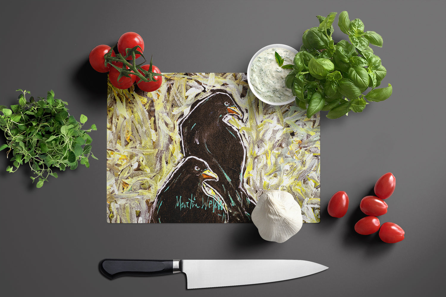Crows Matt and Chester Cutting Board Tempered Glass Kitchen Cutting Surface, Heat Resistant Chopping, Non-Slip Feet, Food Prep & Serving