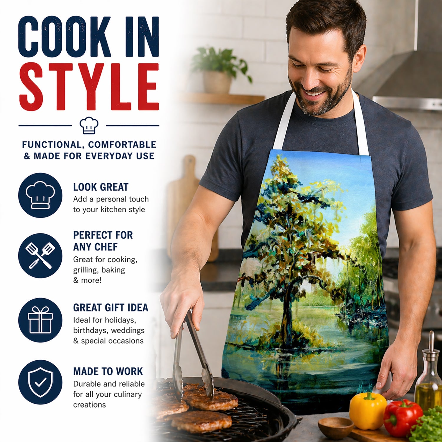 Cypress Tree in the Bayou Blue Apron Cooking Kitchen Server Baking Crafts Gardening for Adult Women Men, Unisex, Large, Multicolor