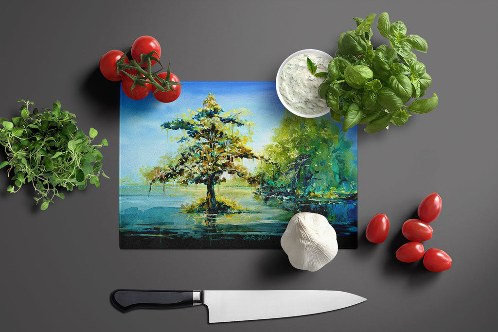 Cypress Tree in the Bayou Blue Cutting Board Tempered Glass Kitchen Cutting Surface, Heat Resistant Chopping, Non-Slip Feet, Food Prep & Serving