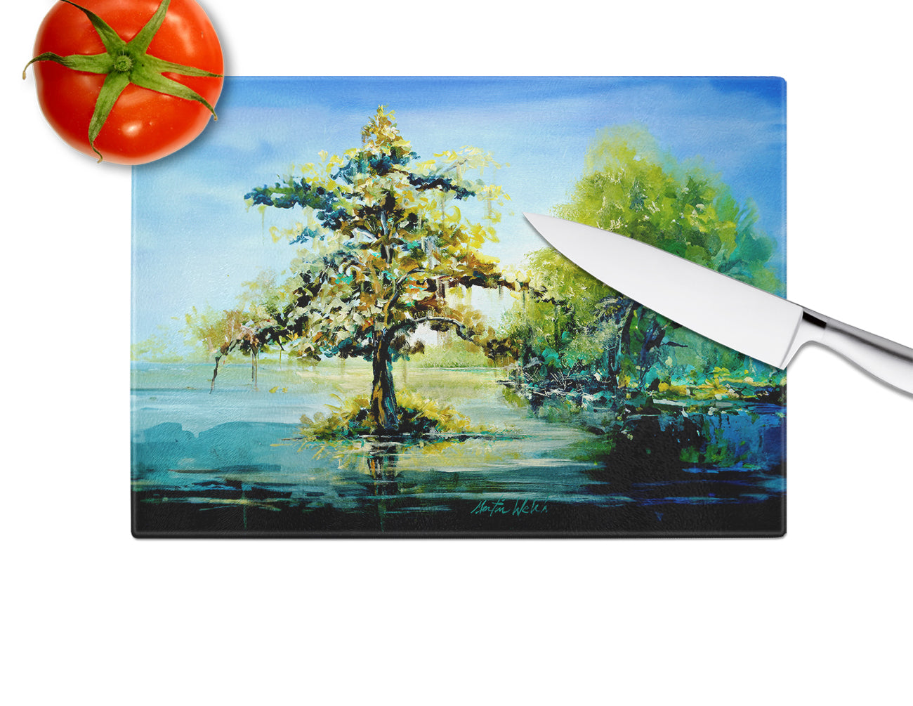 Cypress Tree in the Bayou Blue Cutting Board Tempered Glass Kitchen Cutting Surface, Heat Resistant Chopping, Non-Slip Feet, Food Prep & Serving