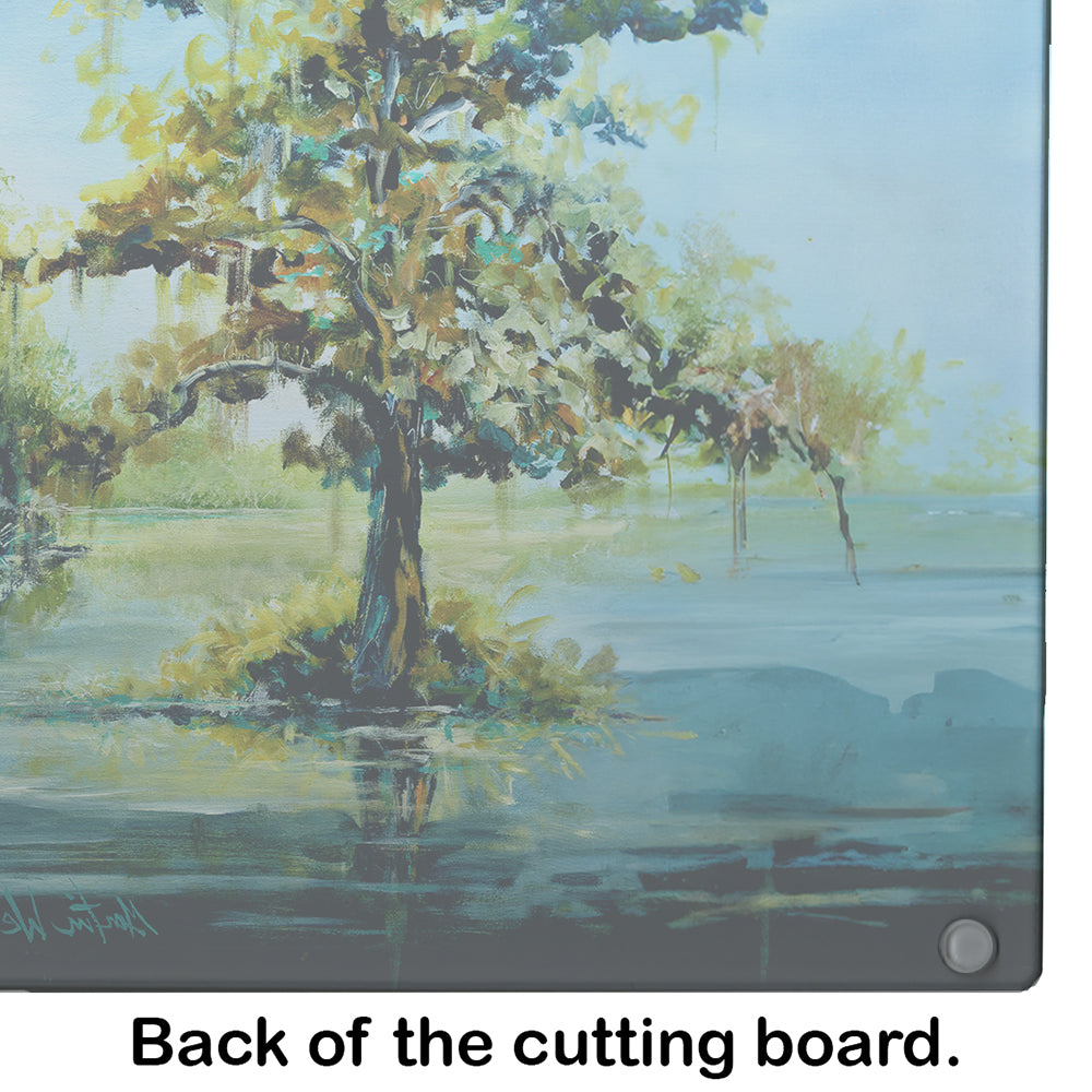 Cypress Tree in the Bayou Blue Cutting Board Tempered Glass Kitchen Cutting Surface, Heat Resistant Chopping, Non-Slip Feet, Food Prep & Serving